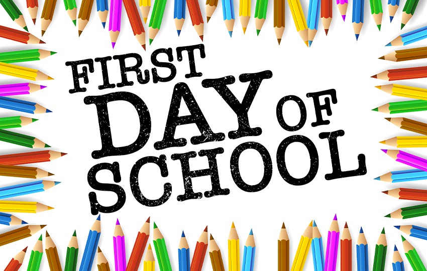 text: first day of school; white background with colored pencils around the border pointing to the center text